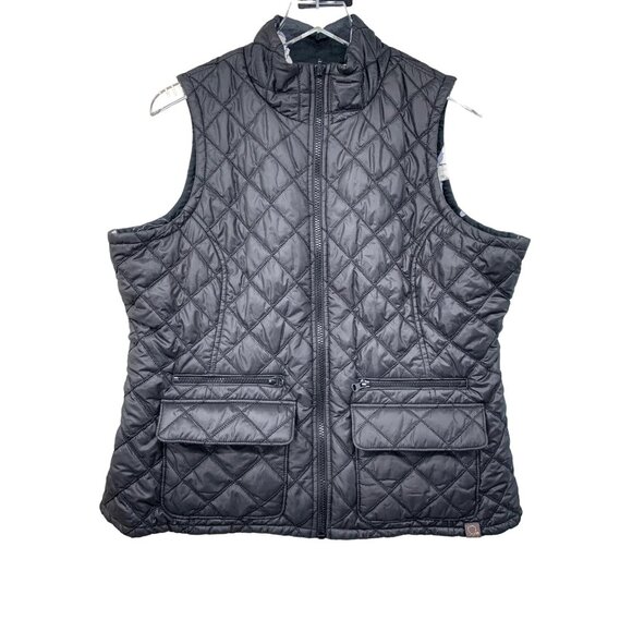 Jaannu Womans XL Reversible Puffer Vest Black / BLK / WHT Flowers Pockets - Picture 1 of 14